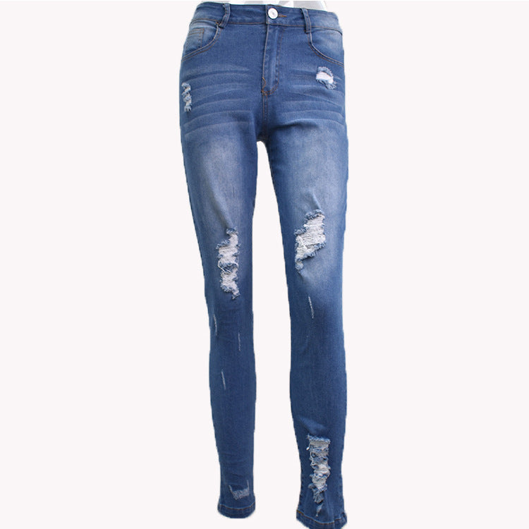 European And American Style Women Jeans Slim Fit Slimming Holes Mid Waist Denim Trousers