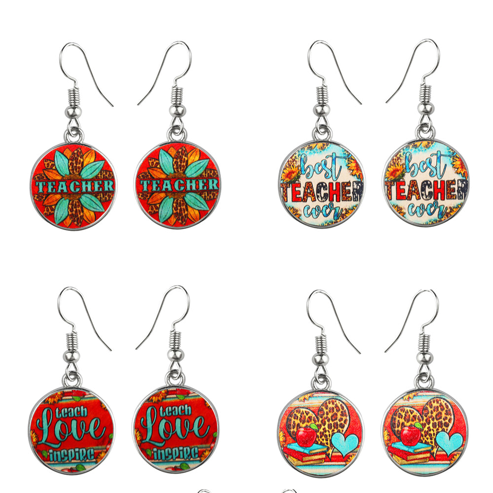 Boho Best Teacher Ever Glass Dome Earrings Stainless Steel Teach Love Inspire Dangle Earrings For Women