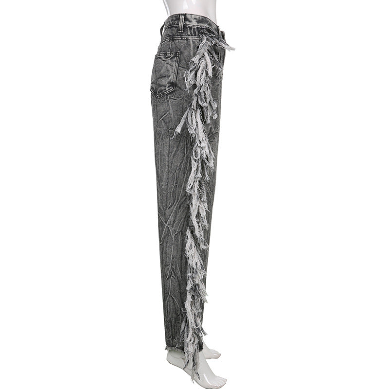 Fashion Ladies Gray Raw Edge Tie-Dye Jeans