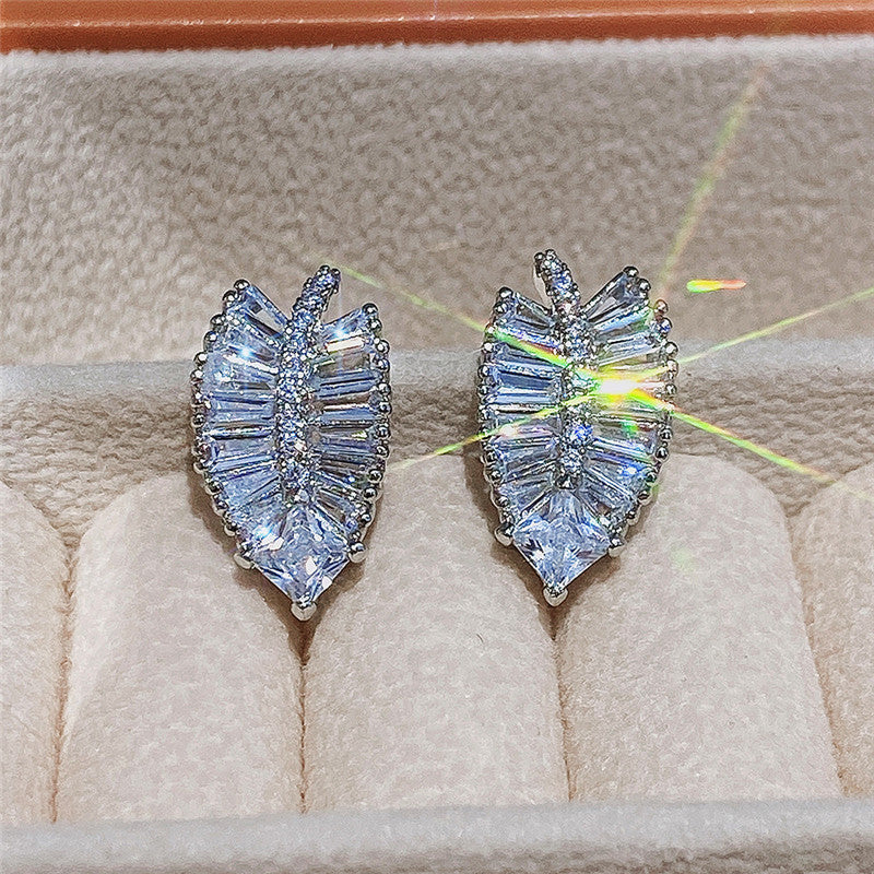 Delicate Leaf Shaped Brass And Zircon Stud Earrings For Women