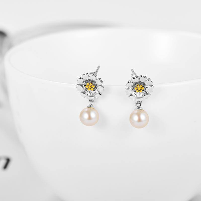 Daisy Flower Drop Pearl Earrings S925 Sterling Silver Stud Earring for Women