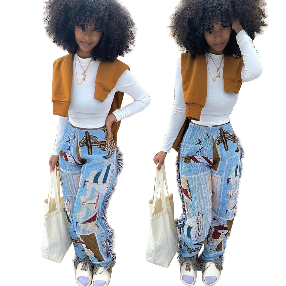 Casual Color Pattern Fringed Velvet Pants Women's Clothing