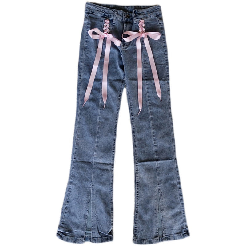 Women's High Waist Fashion Lace-up Slim Straight Jeans