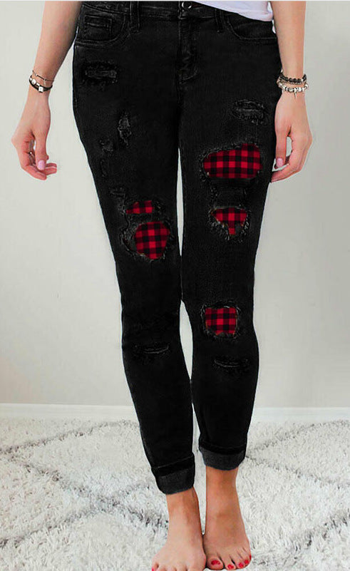 Women's Printed Denim Stretch Pants With Holes