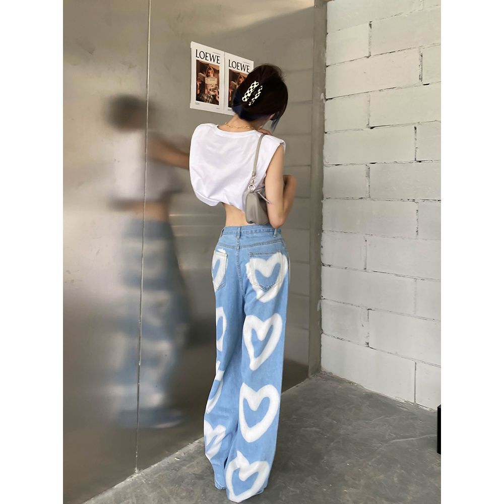 Women's High Waist Wide Leg Mopping Long Graffiti Heart Print Jeans