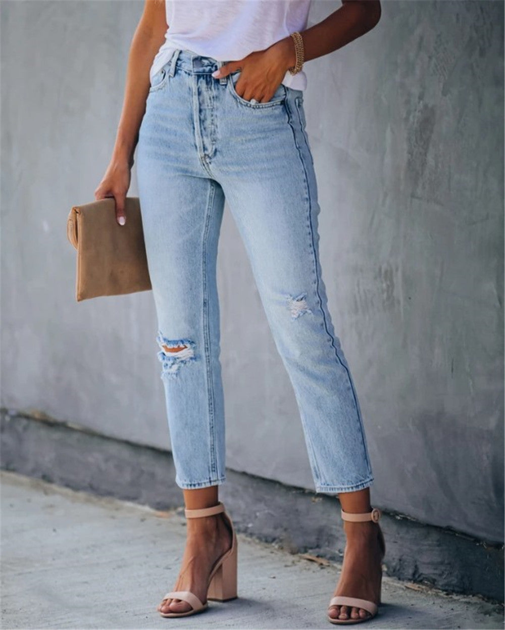 Distressed High-rise Stretch Pencil Pants Cropped Jeans