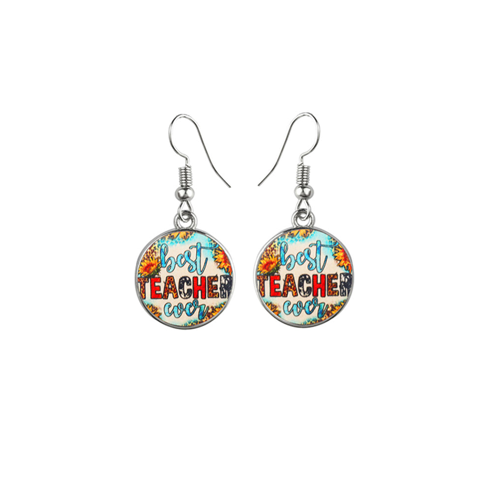 Boho Best Teacher Ever Glass Dome Earrings Stainless Steel Teach Love Inspire Dangle Earrings For Women