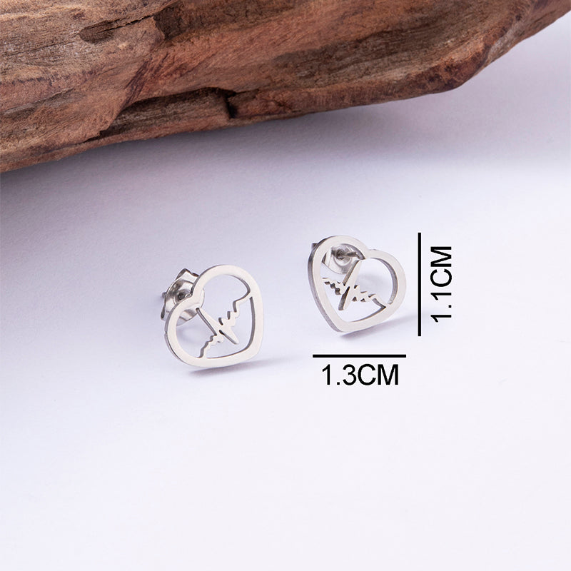 Cardio Lightning Silver Gold Stainless Steel Heart Stud Earrings For Women Girls