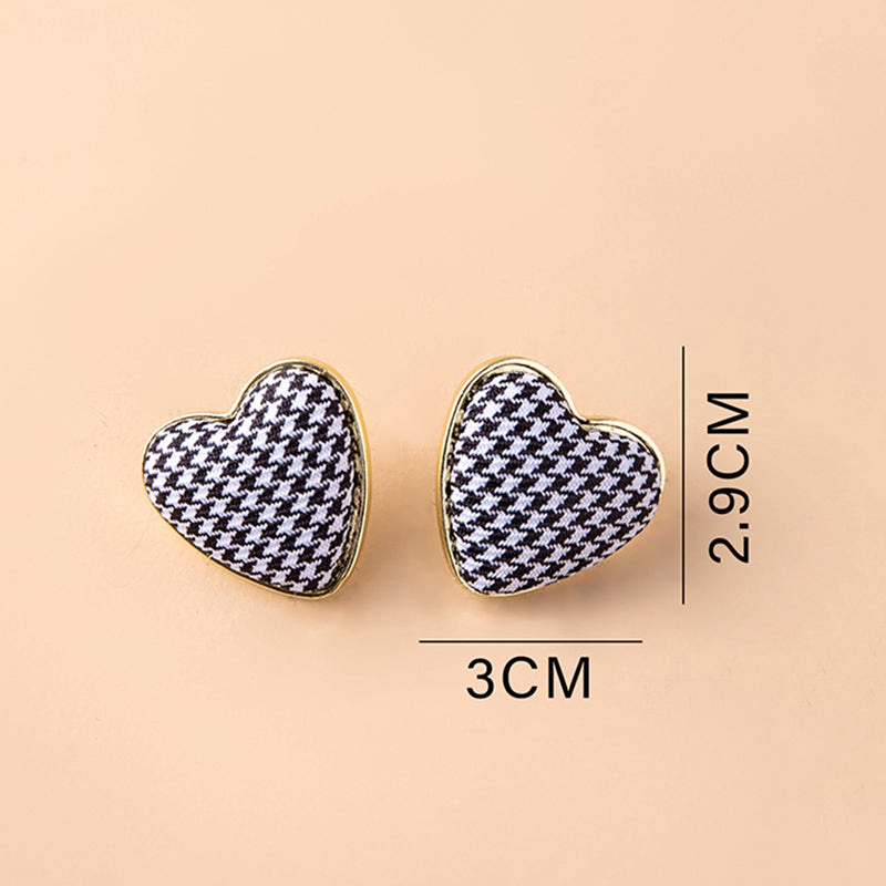 Black White Houndstooth Earrings Big Heart Corduroy Stud Earrings For Women