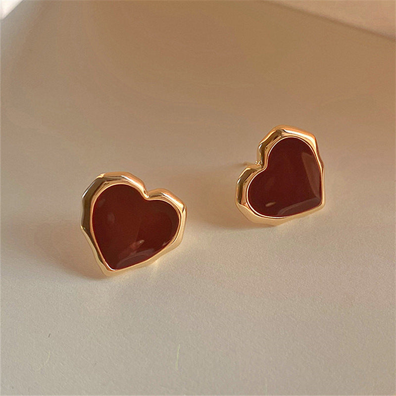 Enamel Red Heart Earrings 18K Gold Stud Earrings For Women