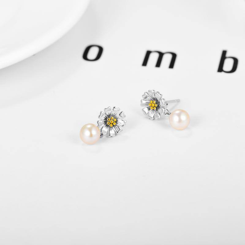 Daisy Flower Drop Pearl Earrings S925 Sterling Silver Stud Earring for Women