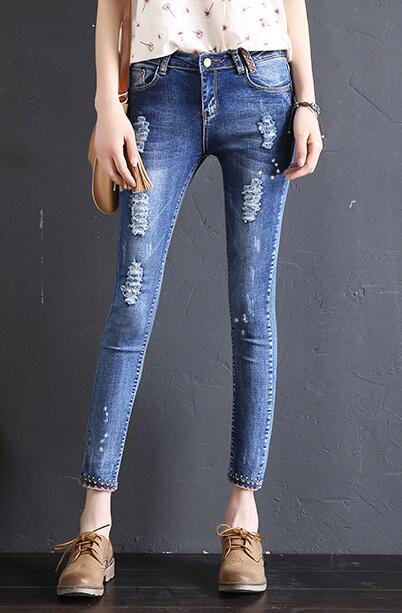 Autumn Jeans Women's Nine-point Hole Self-cultivation Stretch Slimming Embroidery