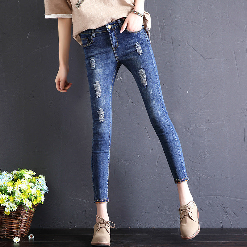 Autumn Jeans Women's Nine-point Hole Self-cultivation Stretch Slimming Embroidery