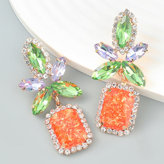 Fashion Colorful Diamond Alloy Flower Square Geometry Earrings For Women