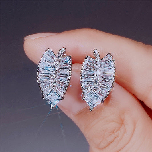 Delicate Leaf Shaped Brass And Zircon Stud Earrings For Women