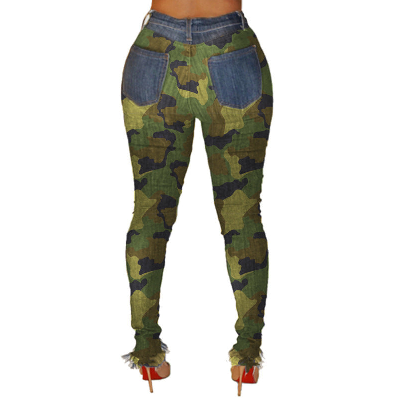 Women's Sexy Personality Ripped High-waisted Leggings And Frayed Camouflage Feet Pants