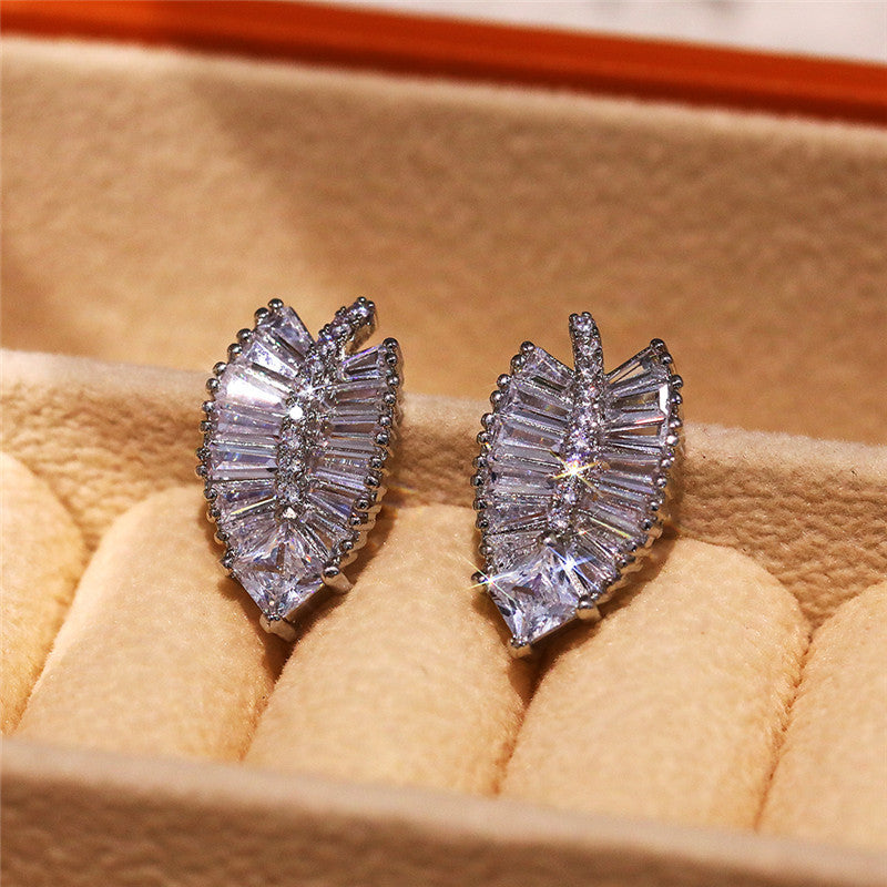 Delicate Leaf Shaped Brass And Zircon Stud Earrings For Women