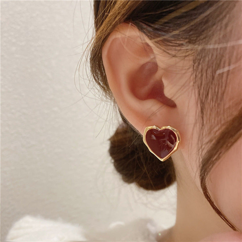 Enamel Red Heart Earrings 18K Gold Stud Earrings For Women