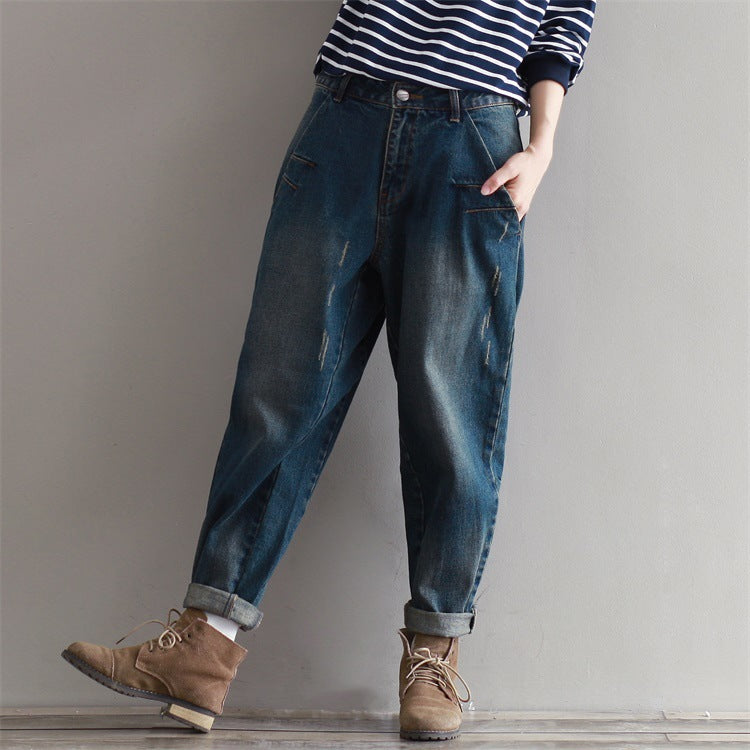 Denim Baggy Pants Ankle-tied Large Size Loose Casual Harem Pants For Women