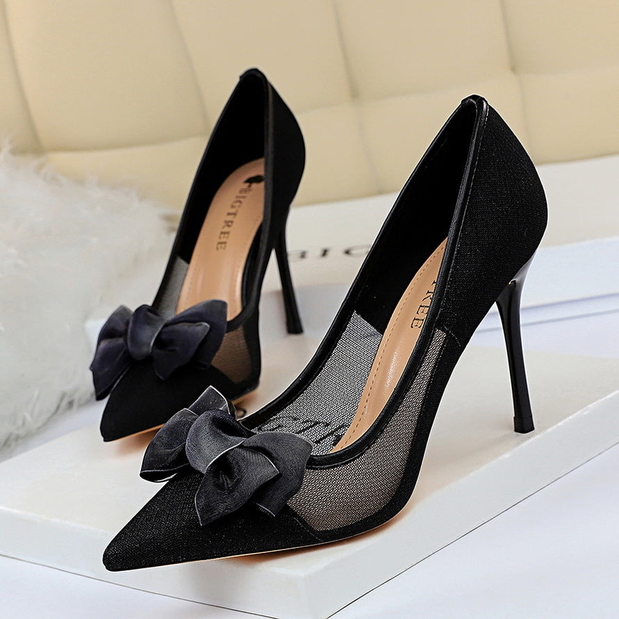 Women's Mesh Cutout Pointed Bow High Heels