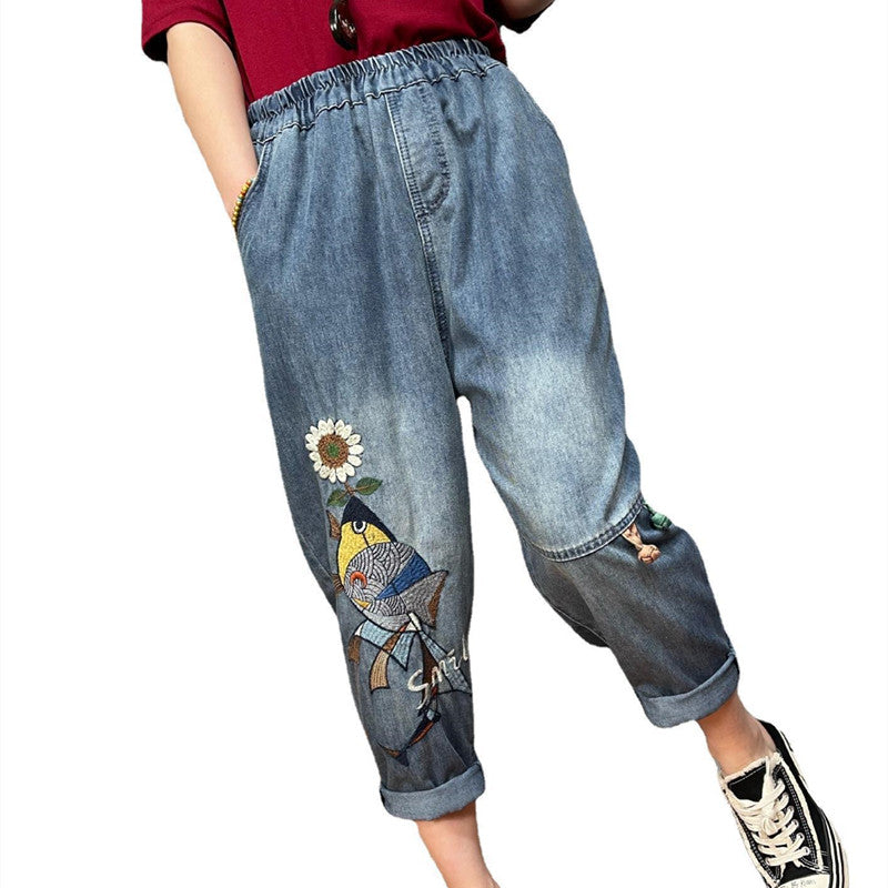 Women's Art Vintage Embroidered Print Jeans