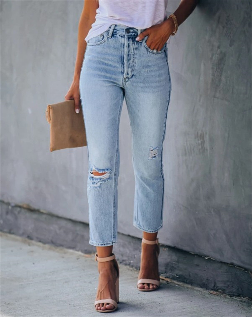 Distressed High-rise Stretch Pencil Pants Cropped Jeans