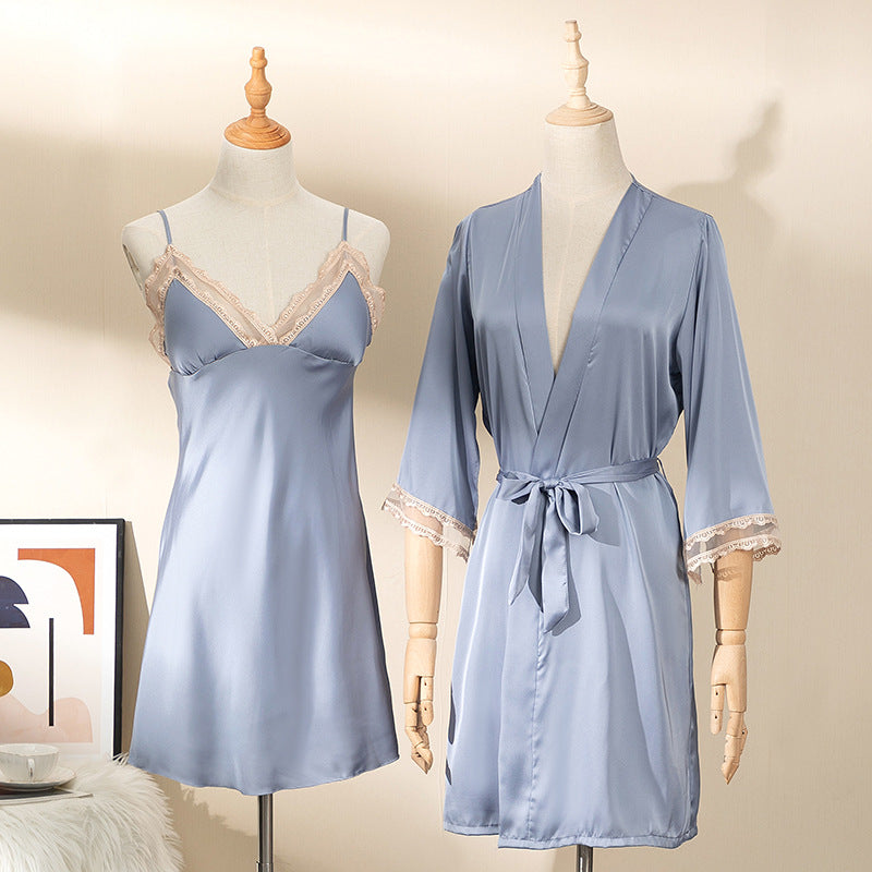 Women's Fashion Simple Robe Nightgown Two-piece Set