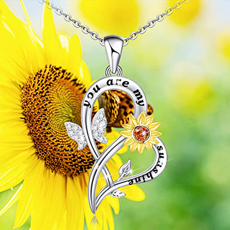 You Are My Sunshine Sunflower Necklace For Women Romantic Crystal Butterfly Heart Pendant Necklaces