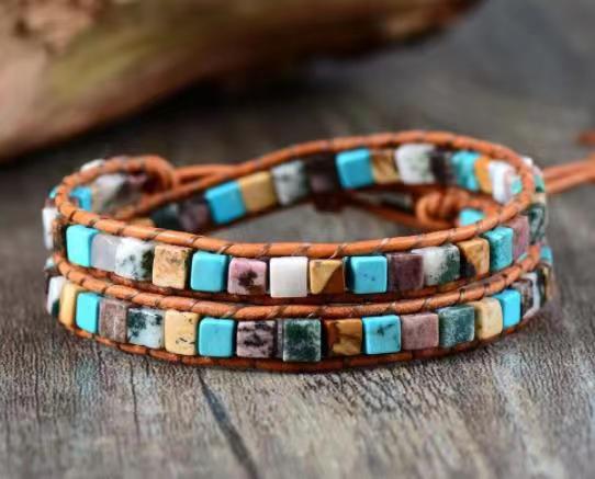 Leather Bracelets High End Mix Natural Stones 2 Strands Wrap Bracelets Vintage Weaving Bead Bracelet