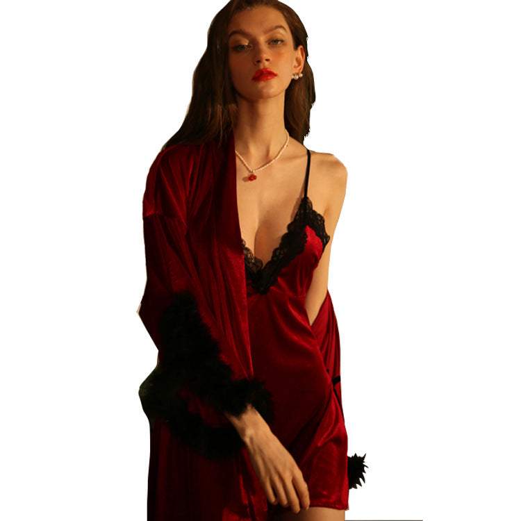 Loose Thick Material Belt Autumn And Winter Homewear Gold Velvet Nightgown