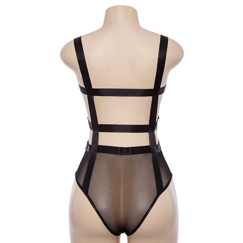 Slit-neck suspender mesh bodysuit