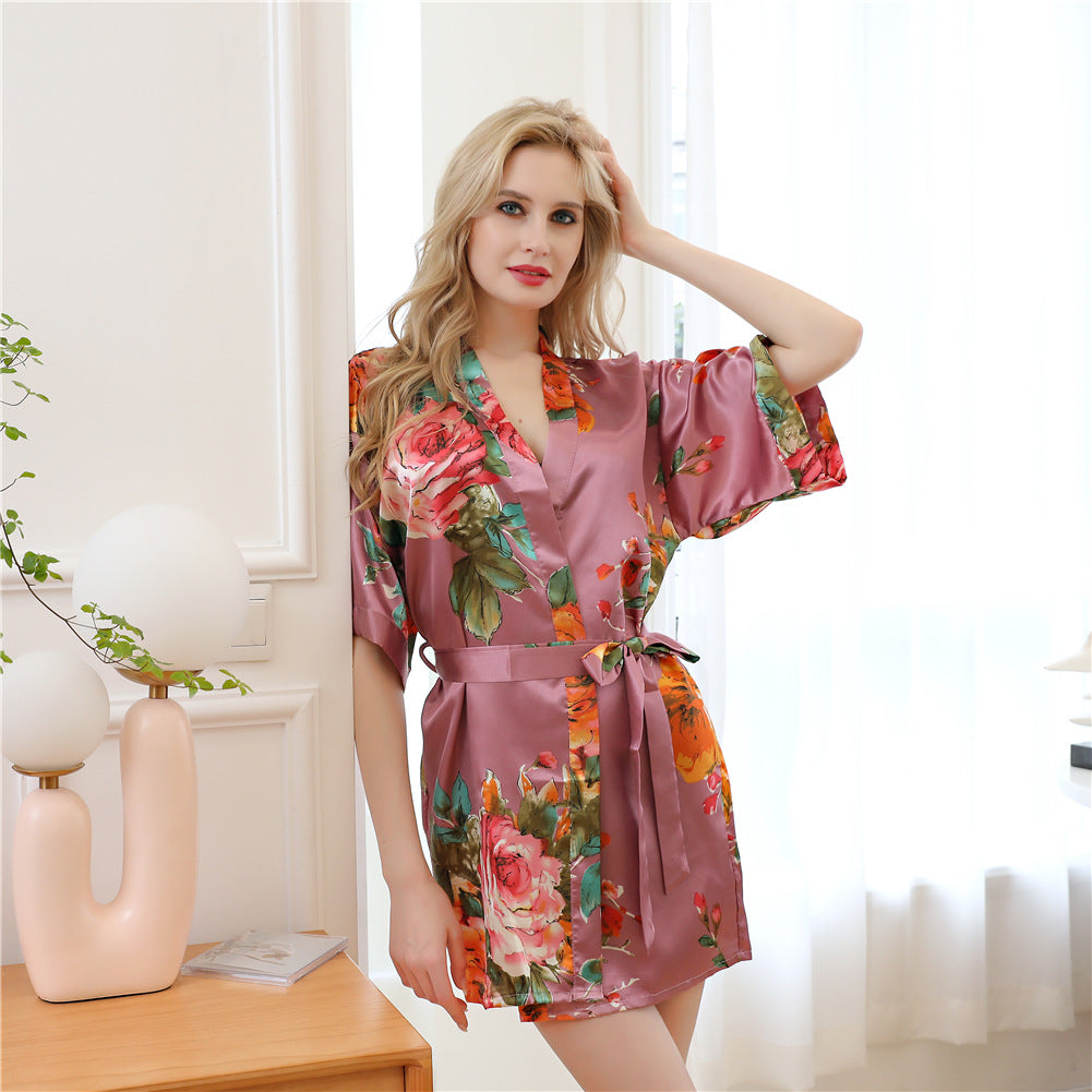 Hand-painted peony simulation silk nightgown