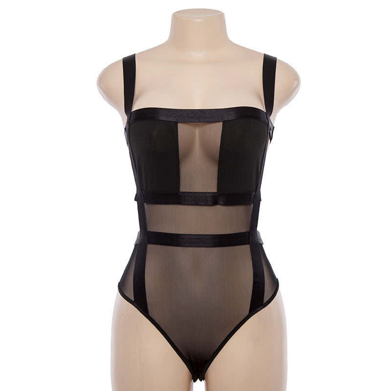 Slit-neck suspender mesh bodysuit