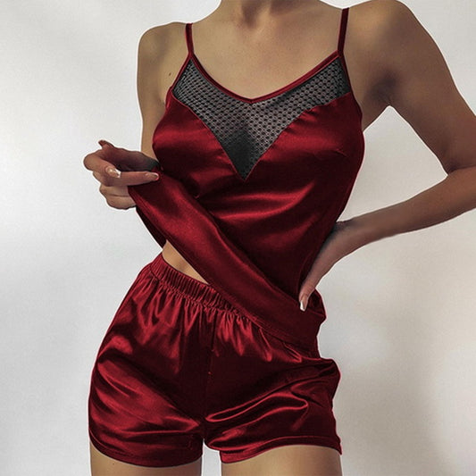 Satin Pajamas  Lace Pijama Nightie Sleepwear Home Clothes Tops And Shorts Women's Silk Pajamas Solid Color Pajama Set