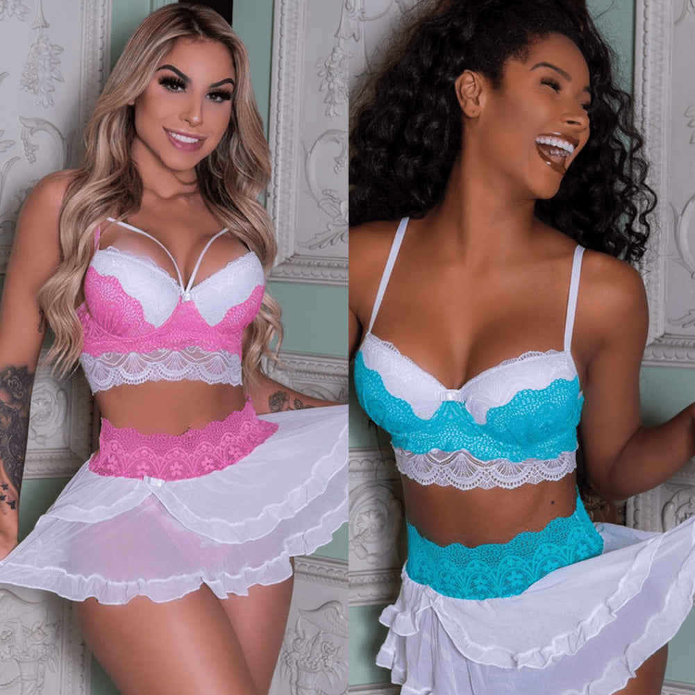 Women's Sexy Lingerie Pajamas-Dress Babydoll Thong Lingerie Lace Bra Set