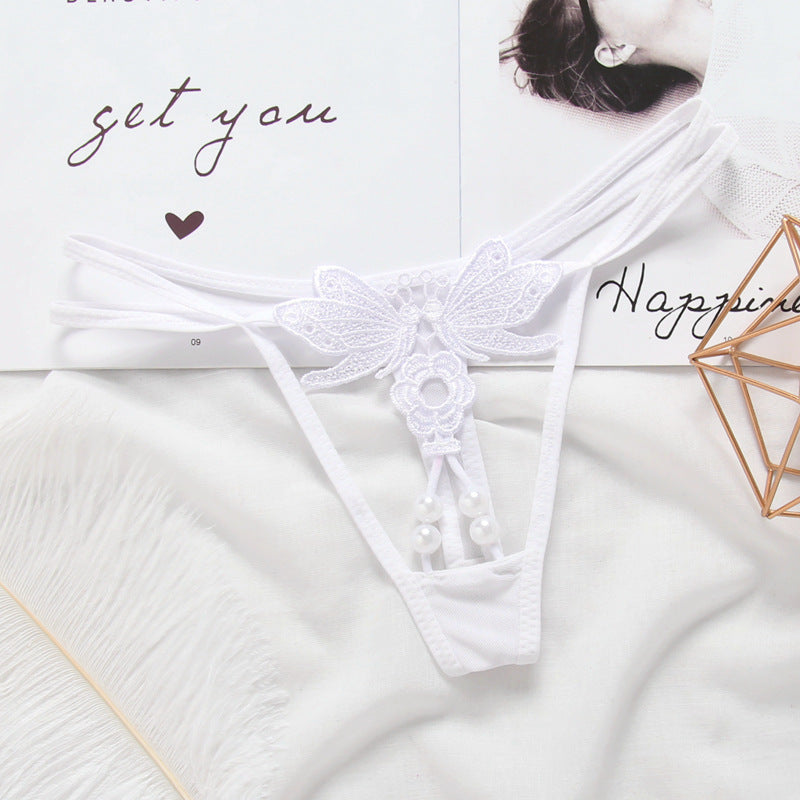 Ladies Transparent Hollow Embroidered Pearl Panties