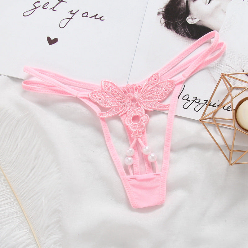 Ladies Transparent Hollow Embroidered Pearl Panties