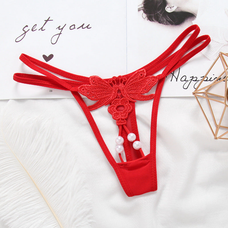 Ladies Transparent Hollow Embroidered Pearl Panties