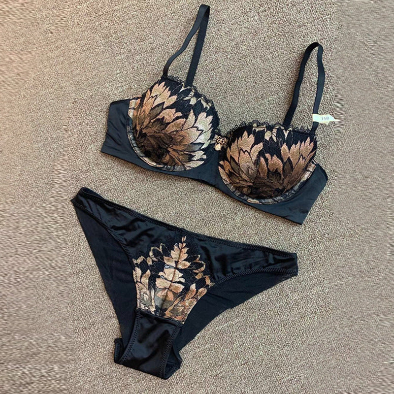 Sexy Lace And Gold Silk Gathered Bra Set