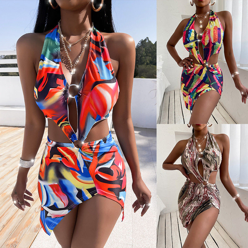 Sexy Bikini Print One-Piece Swimsuit Women