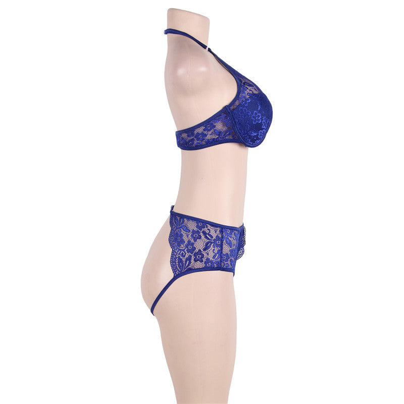 Comeondear Lingerie Lace Sexy Bra Set Transparent Bra Party Set Blue Halter Komplet Bielizny Womens Underwear Set R80443