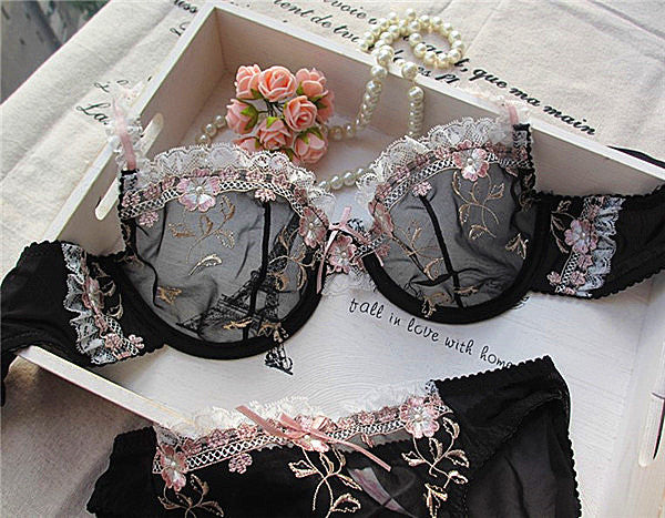 Ultra-Thin Cup Bra Xianmei Lotus Root Pink Embroidery New Sexy Transparent Bra Set