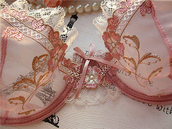 Ultra-Thin Cup Bra Xianmei Lotus Root Pink Embroidery New Sexy Transparent Bra Set