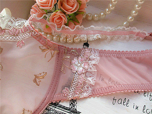 Ultra-Thin Cup Bra Xianmei Lotus Root Pink Embroidery New Sexy Transparent Bra Set