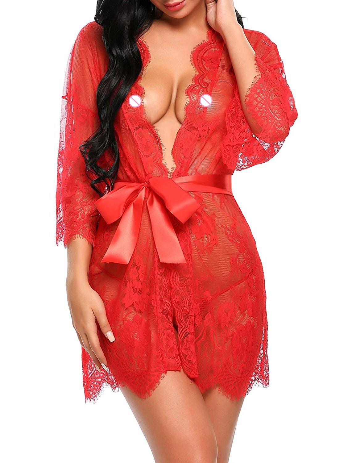 Eyelash Lace Long Sleeve Nightgown & Belt Appealing Pajamas