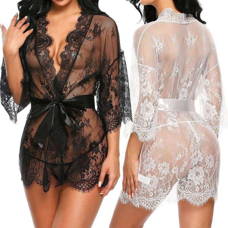 Eyelash Lace Long Sleeve Nightgown & Belt Appealing Pajamas