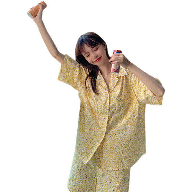 Home Suit Pajamas for Women Girls Sweet Pyjama Ensembles Short Sleeve Pijamas Bright Yellow Two Piece Set