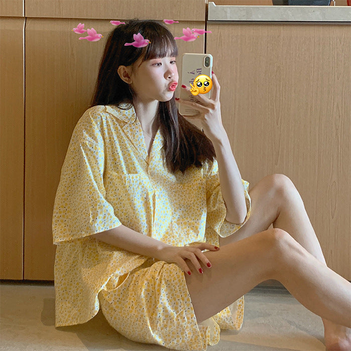 Home Suit Pajamas for Women Girls Sweet Pyjama Ensembles Short Sleeve Pijamas Bright Yellow Two Piece Set