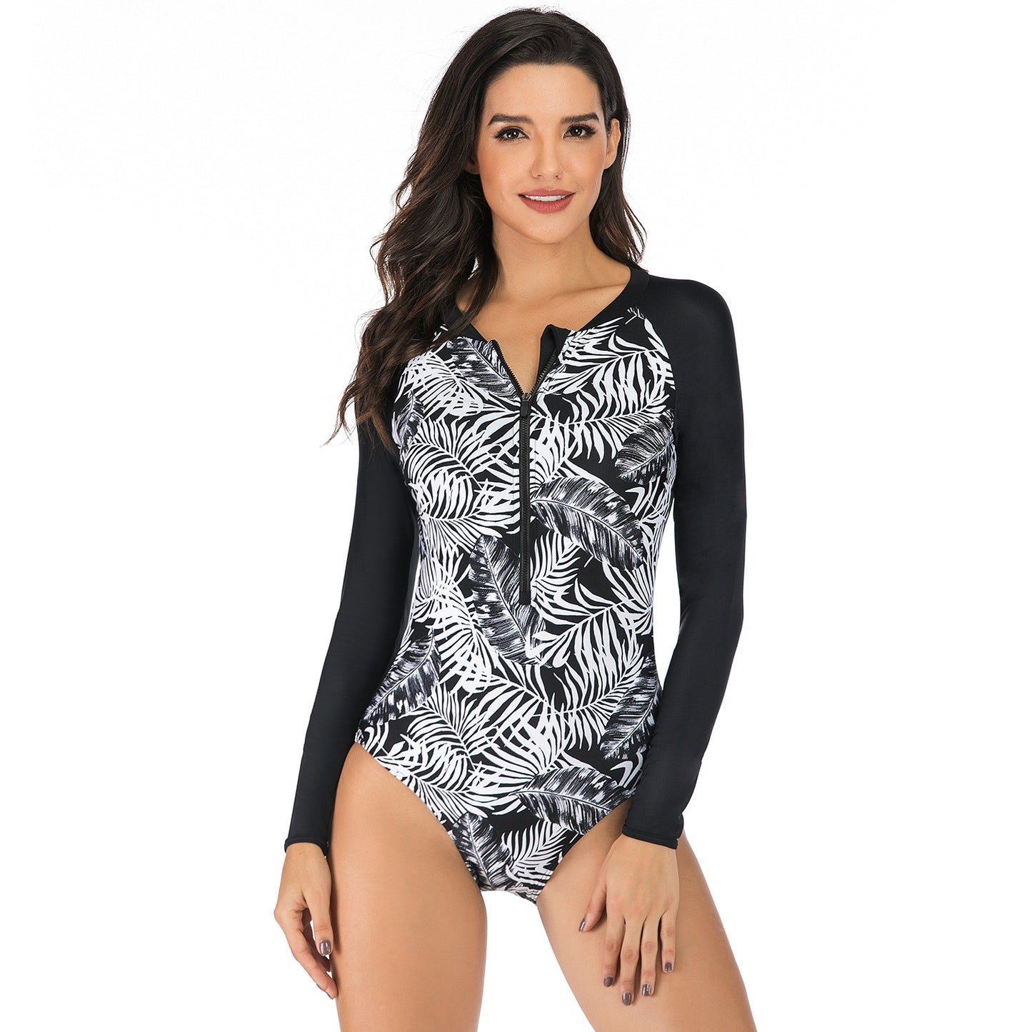 Cross Border Swimsuit Women''S Long Sleeve Surfsuit Zipper One Piece Swimsuit Printed Swimsuit