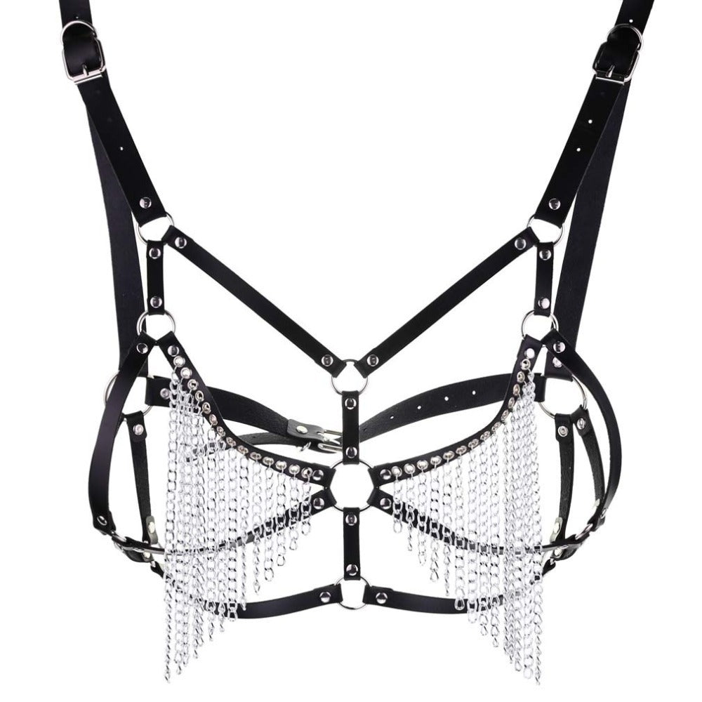 Sexy Leather Body Chain Bra Bra Metal Chain Tassel Bikini Vest Back Chest Strap Suspenders